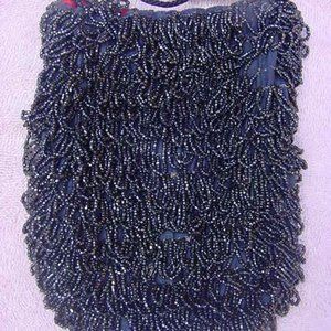 VINTAGE BLACK GLASS BEADS WITH DRAWSTRING TOP EVENING PURSE